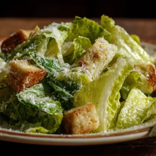 A fresh Caesar salad with romaine lettuce, croutons, and parmesan cheese.