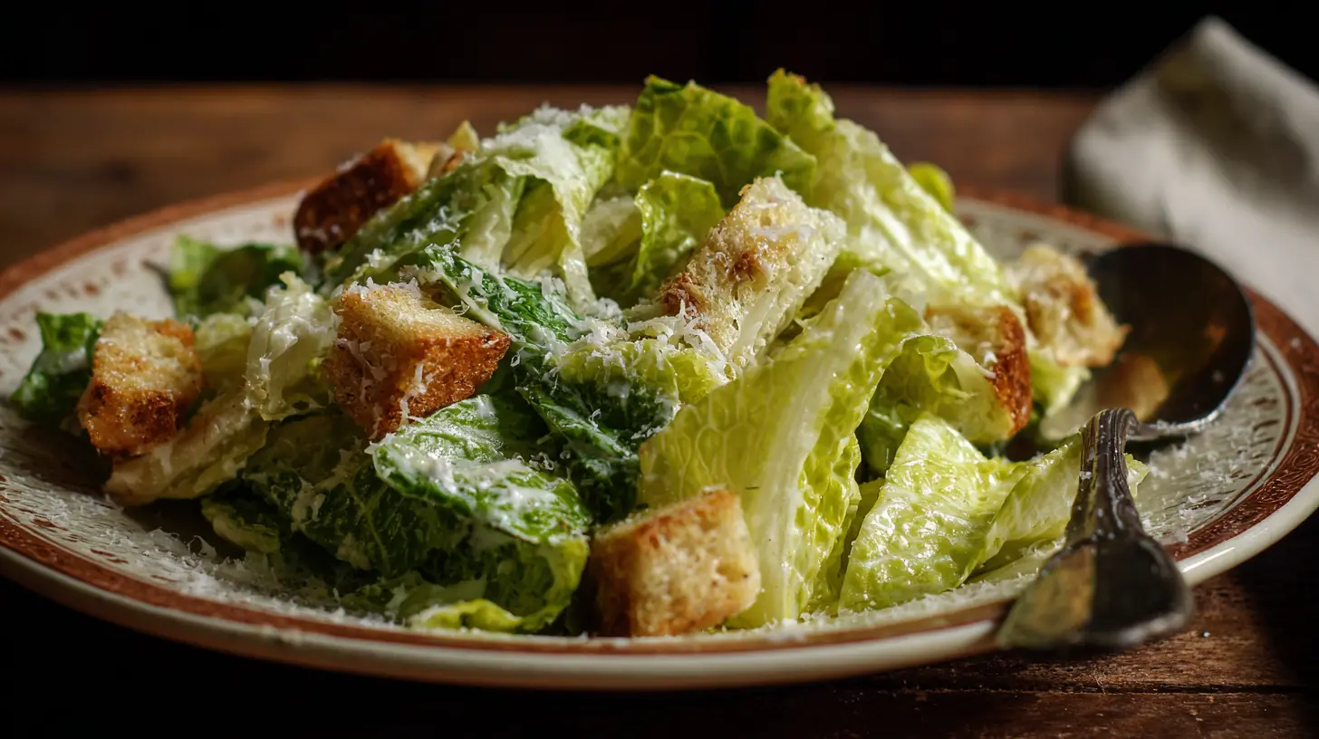 A fresh Caesar salad with romaine lettuce, croutons, and parmesan cheese.