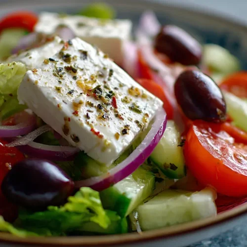 A vibrant Greek salad with fresh vegetables and feta cheese.
