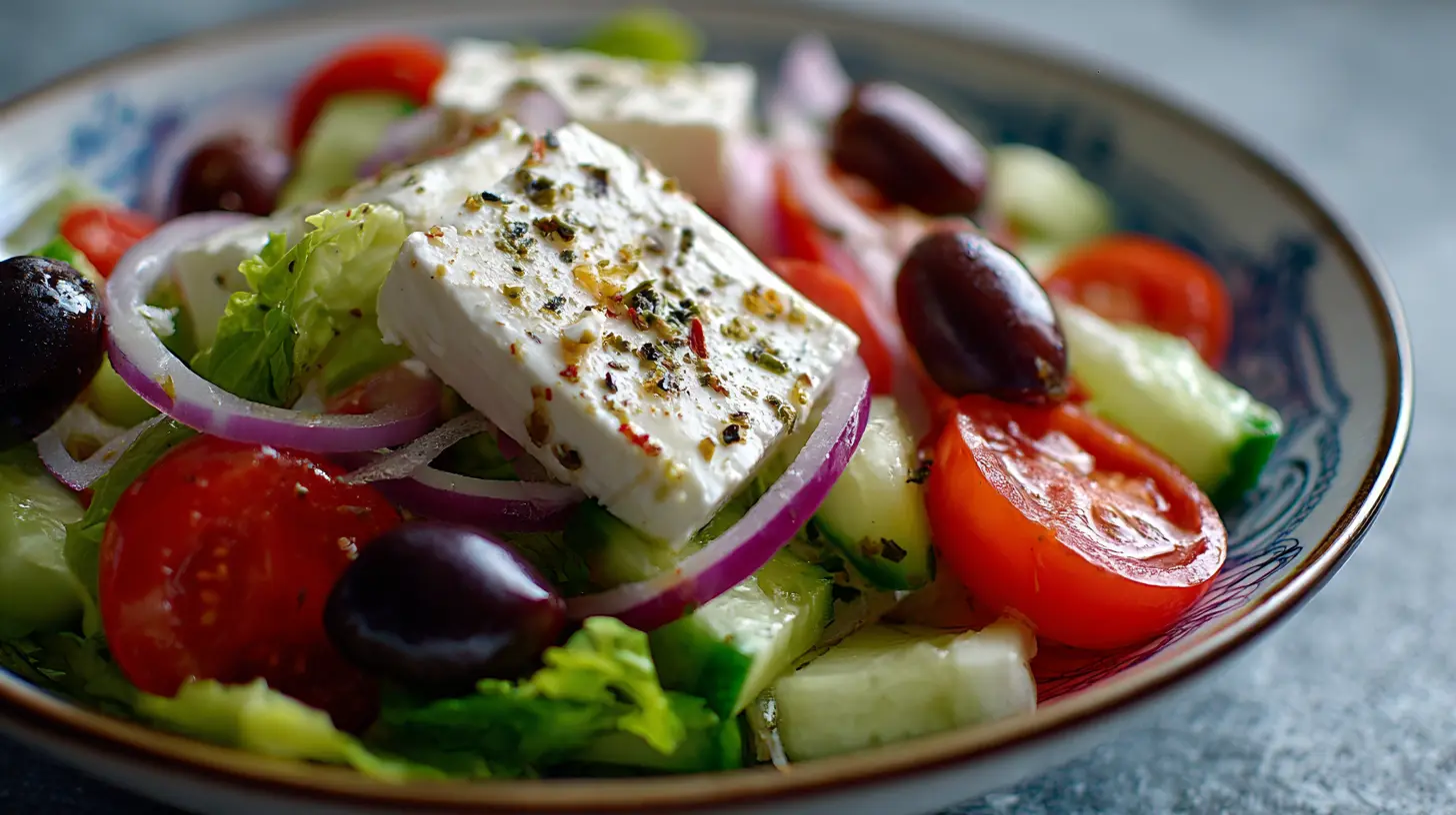 A vibrant Greek salad with fresh vegetables and feta cheese.