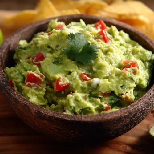 A vibrant green bowl of fresh guacamole with cilantro and lime wedges.