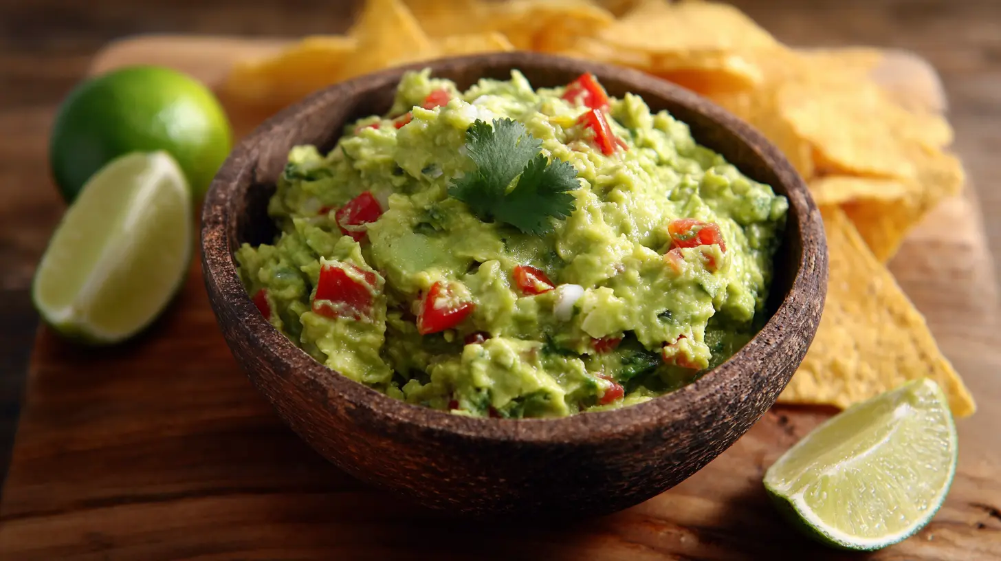 A vibrant green bowl of fresh guacamole with cilantro and lime wedges.