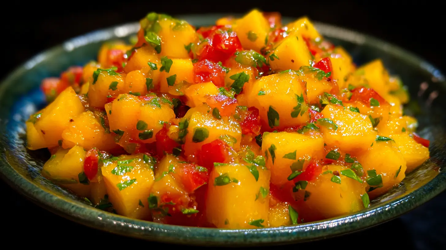 Diced mangoes and onions prepared for salsa