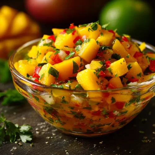 A vibrant bowl of fresh mango salsa with red onion and cilantro.