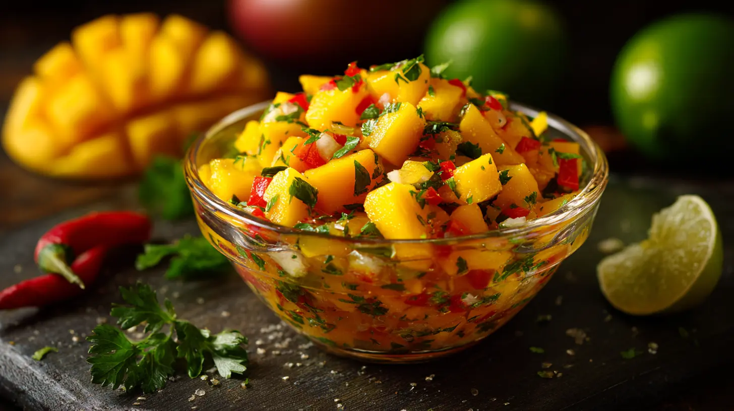 A vibrant bowl of fresh mango salsa with red onion and cilantro.