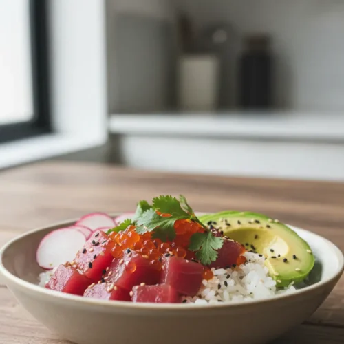 A vibrant poke bowl brimming with fresh ingredients
