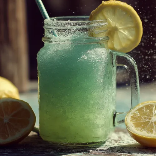 A tall glass of icy frozen lemonade with a lemon slice garnish