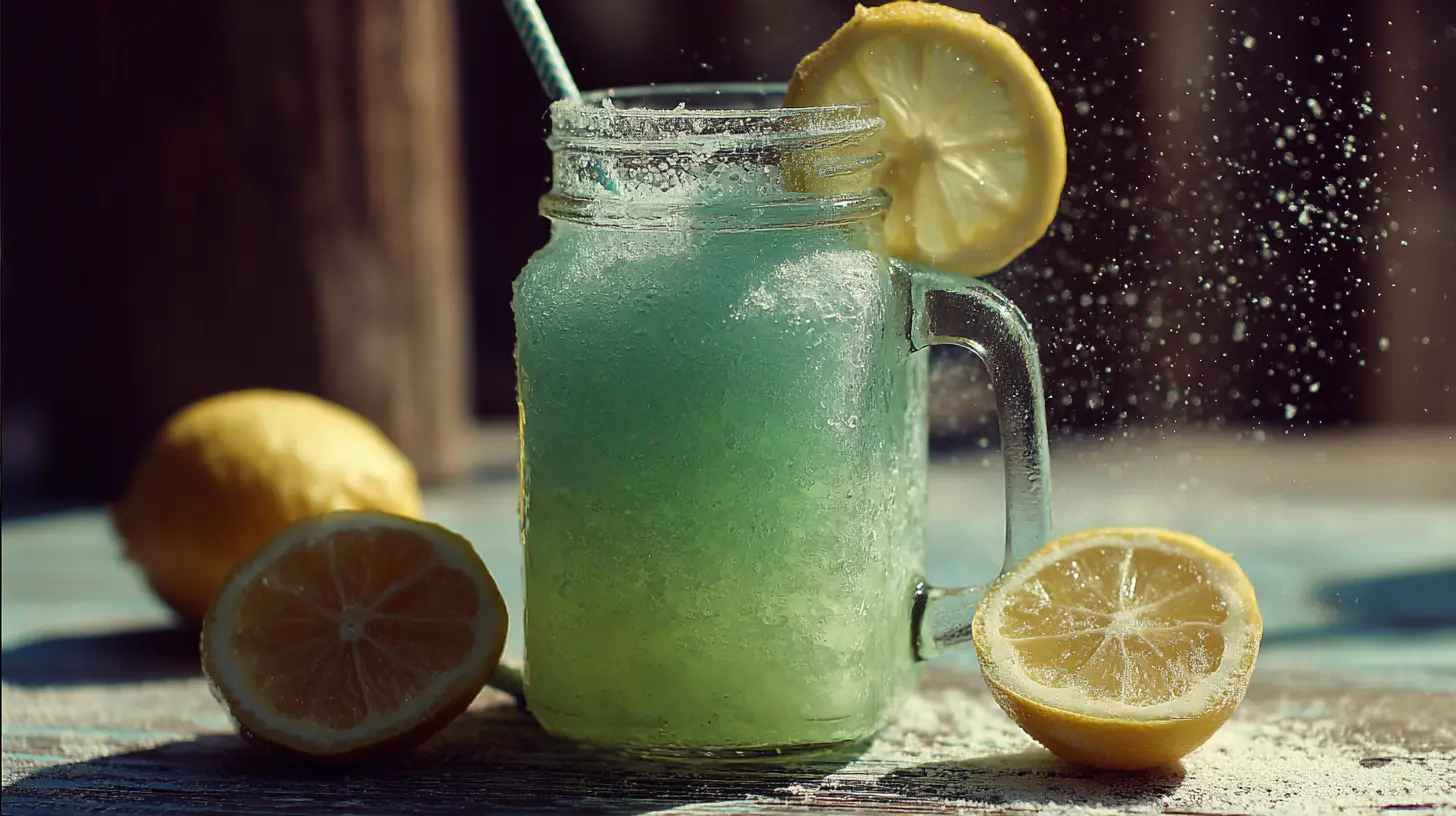 A tall glass of icy frozen lemonade with a lemon slice garnish