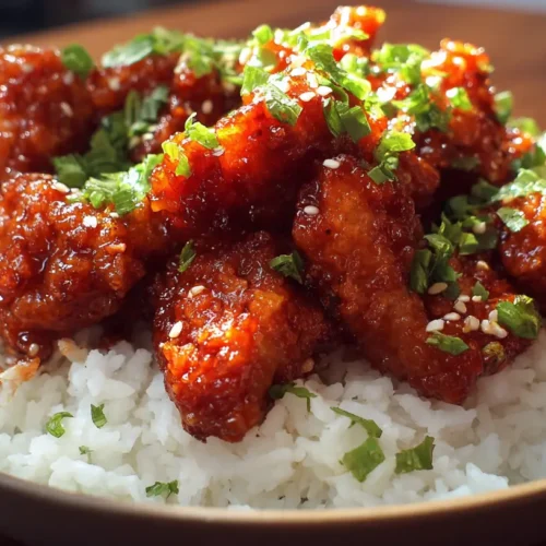 A plate of General Tso's Chicken, glistening with sauce and garnished with green onions