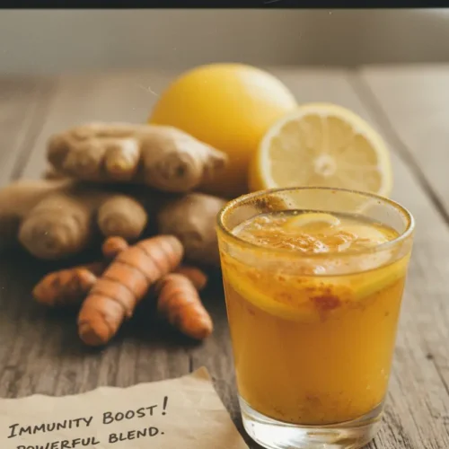 Close-up of a small glass bottle filled with a bright yellow ginger lemon turmeric shot