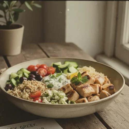 A fresh Greek chicken bowl with grilled chicken, salad, and feta