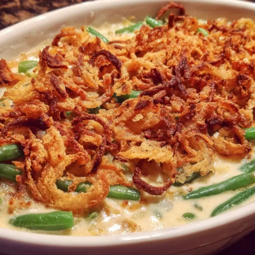 A steaming green bean casserole in a baking dish, fresh from the oven