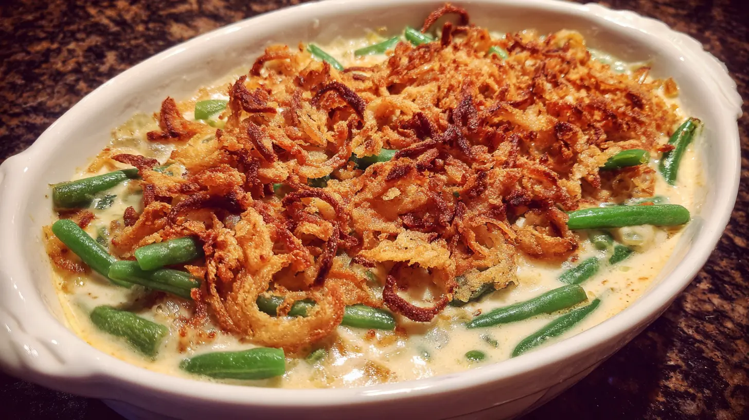 A steaming green bean casserole in a baking dish, fresh from the oven