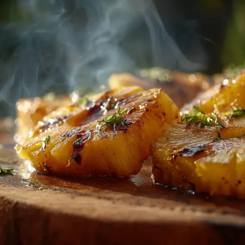 Slices of grilled pineapple with caramelized edges on a platter.