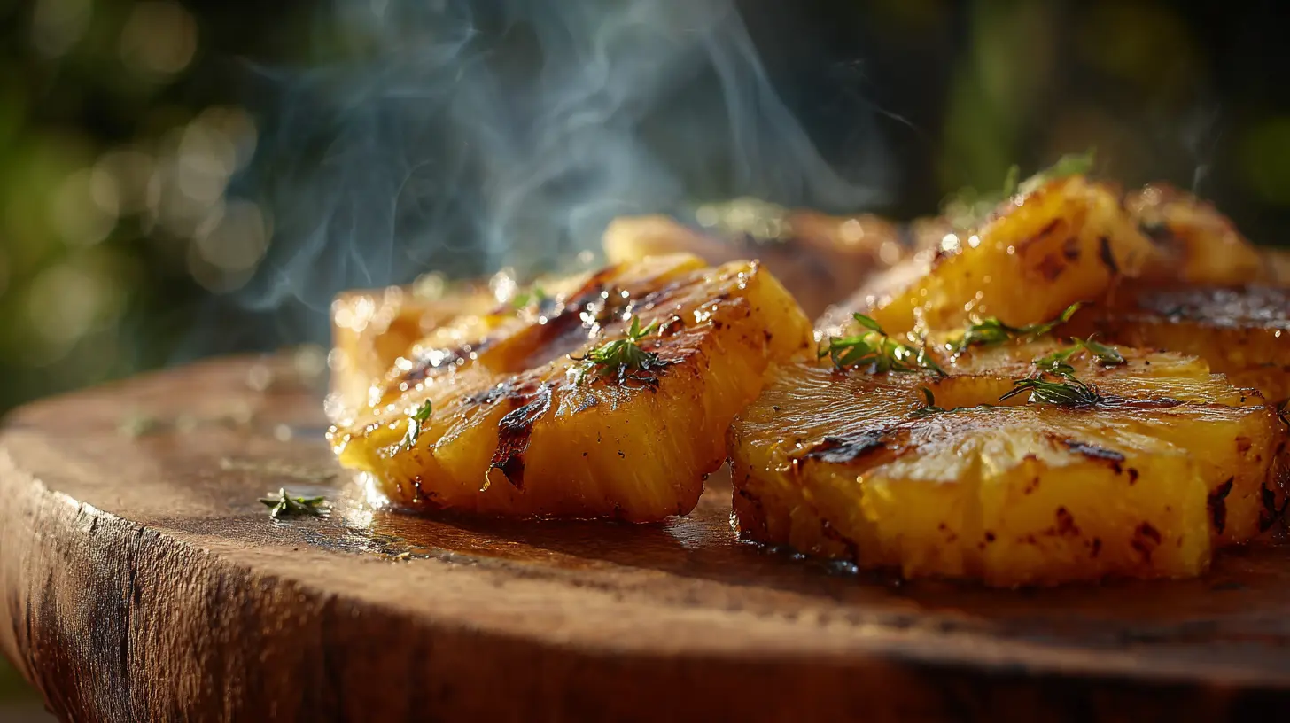 Slices of grilled pineapple with caramelized edges on a platter.