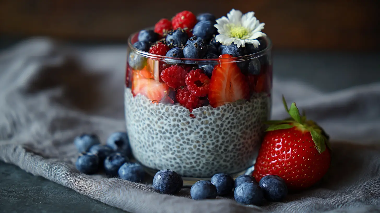 A bowl of healthy chia pudding topped with fresh berries and nuts.