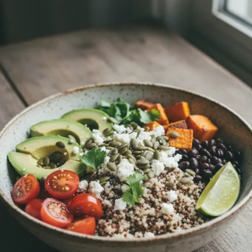 A colorful quinoa bowl filled with fresh vegetables and protein.