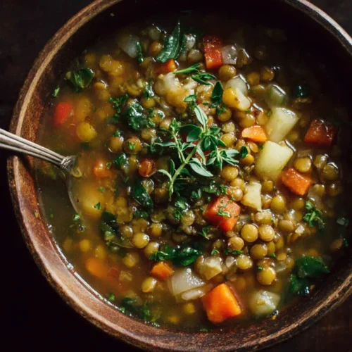A bowl of hearty lentil soup with fresh herbs on top