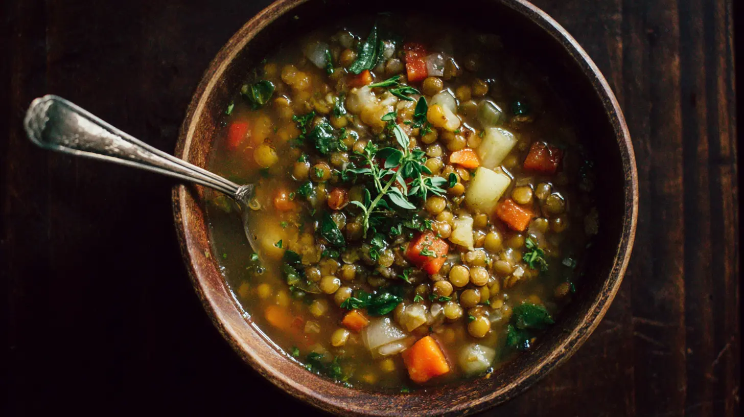 A bowl of hearty lentil soup with fresh herbs on top