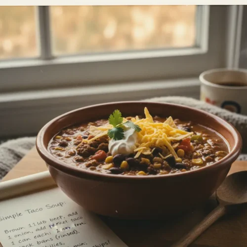 A bowl of hearty taco soup, richly spiced and ready to serve.
