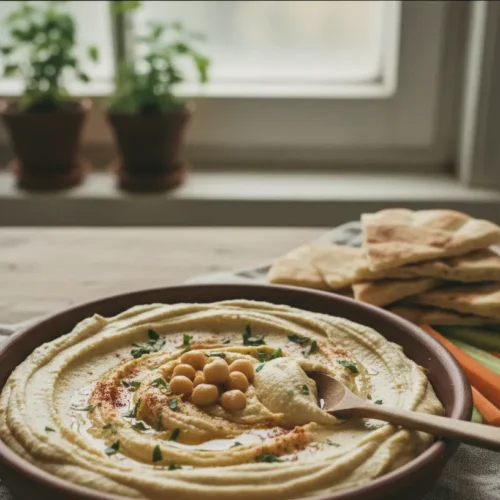 A vibrant bowl of homemade hummus, garnished with olive oil and parsley.