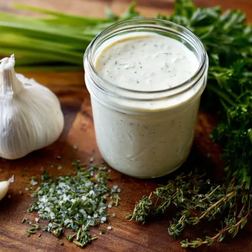A bowl of creamy homemade ranch dressing with fresh herbs.