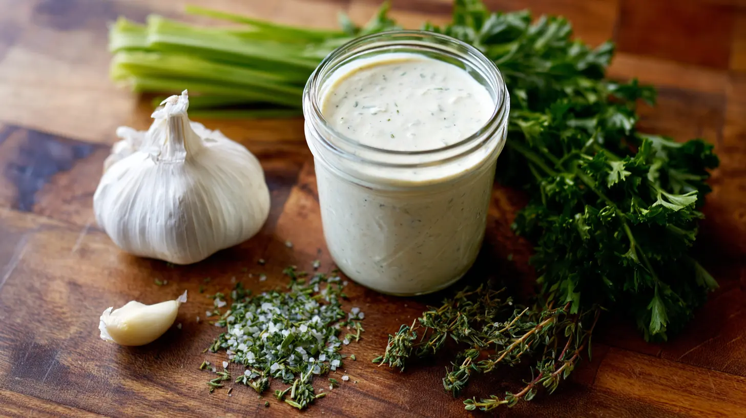 A bowl of creamy homemade ranch dressing with fresh herbs.