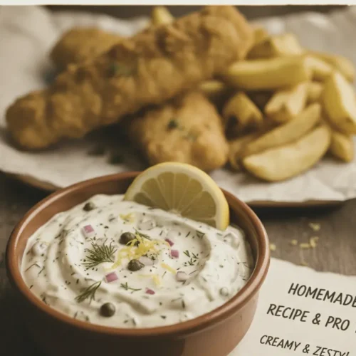 A creamy homemade tartar sauce in a small ceramic bowl.