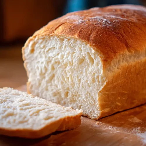 A freshly baked loaf of homemade white bread with golden crust on a cooling rack.