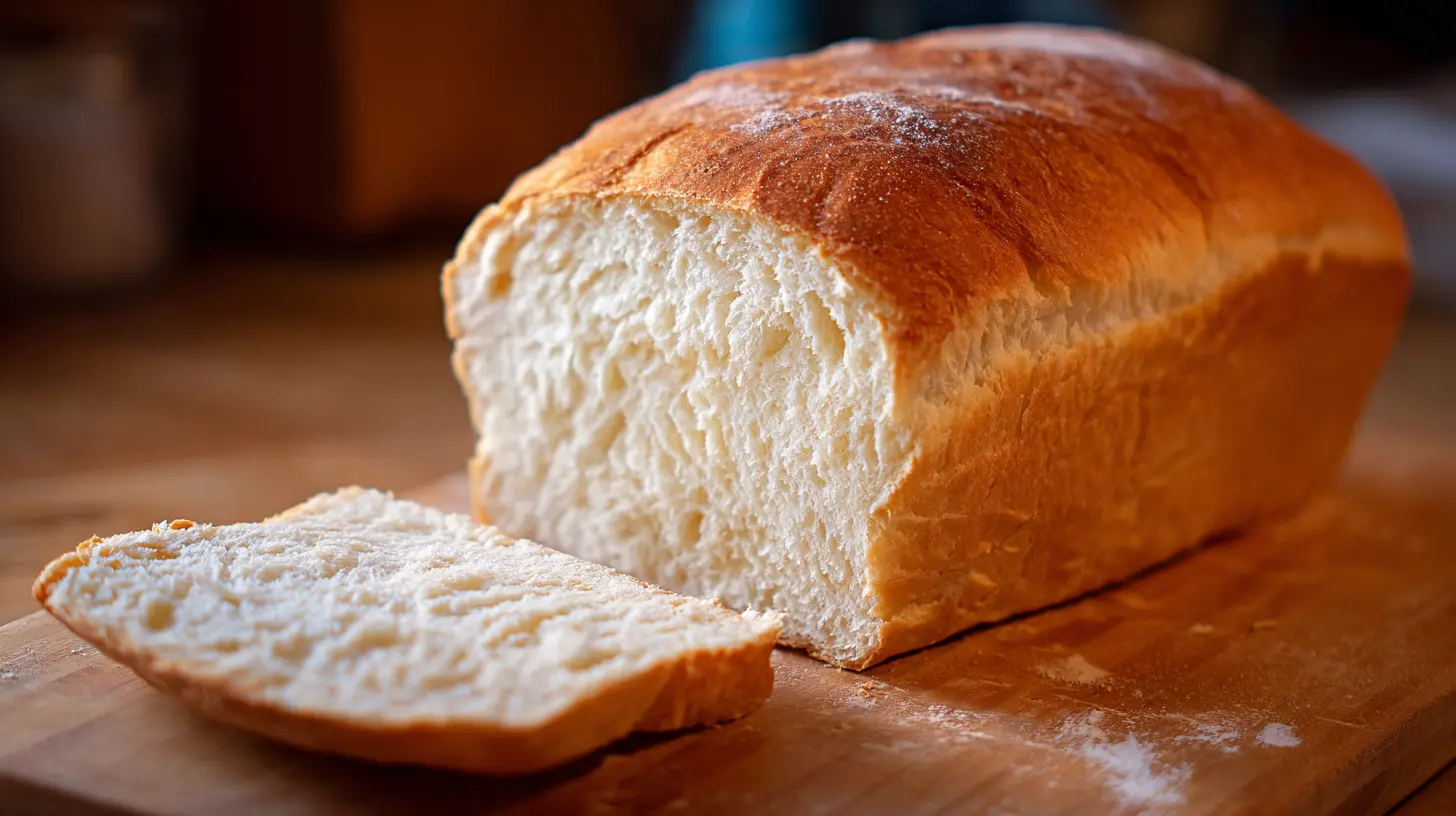 A freshly baked loaf of homemade white bread with golden crust on a cooling rack.