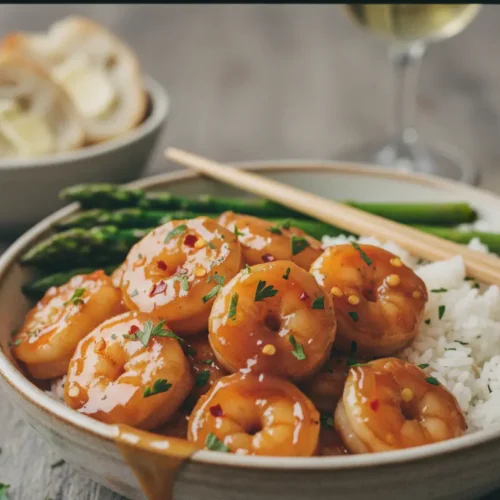 A serving of honey garlic shrimp with a glossy sauce and fresh parsley.