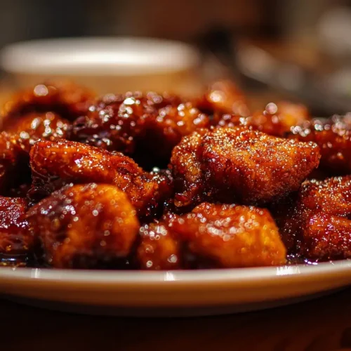 A plate of crispy hot honey chicken, glazed and ready to eat