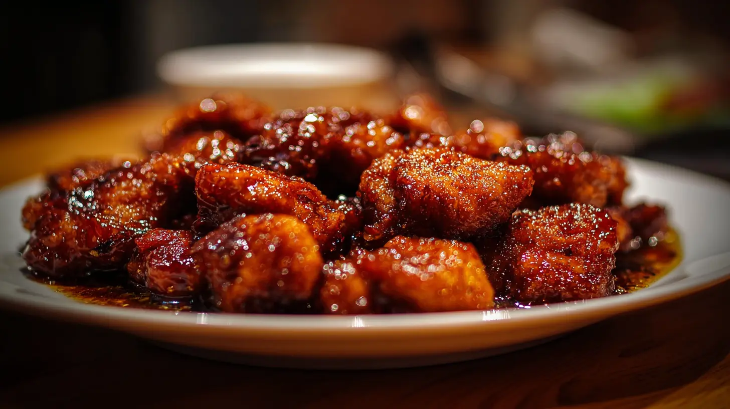 A plate of crispy hot honey chicken, glazed and ready to eat
