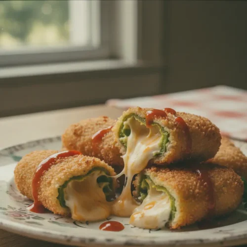 A platter of golden-brown jalapeño poppers, some with visible cheese filling.