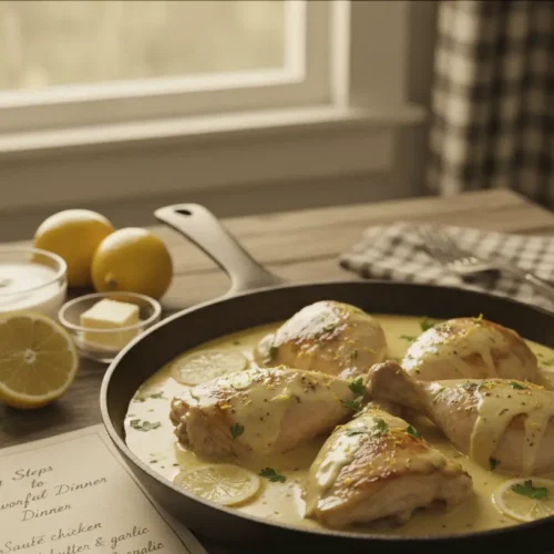 Delicious lemon butter chicken served in a pan