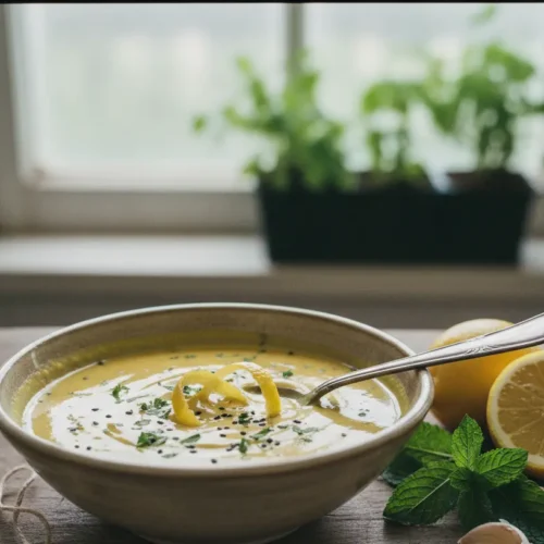 A bowl of golden yellow lemon tahini dressing, ready to be served.