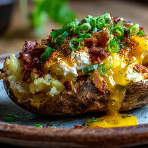 A perfectly baked potato generously loaded with toppings like cheese, bacon, and chives.