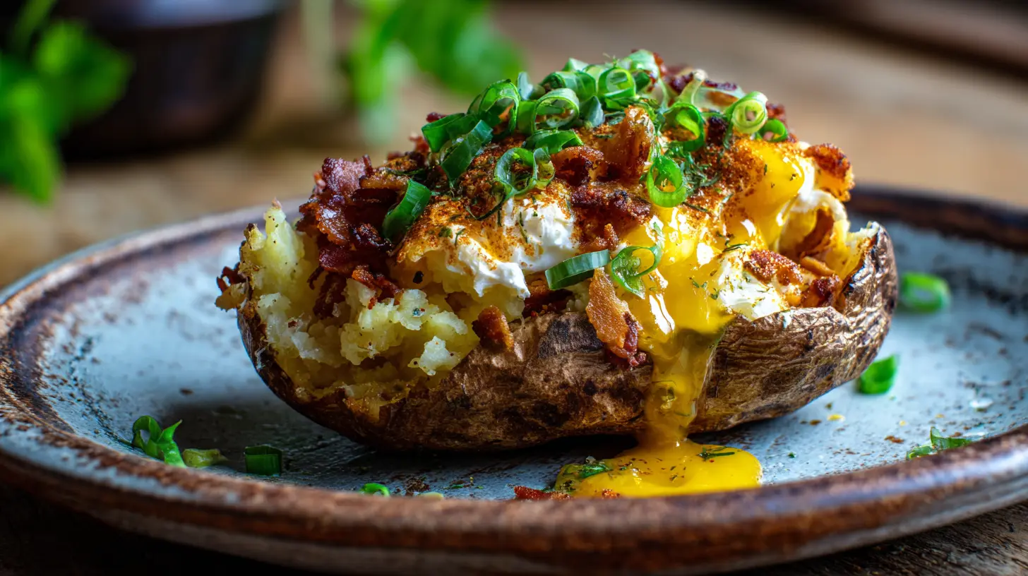 A perfectly baked potato generously loaded with toppings like cheese, bacon, and chives.