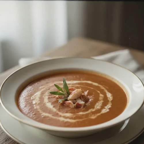 A steaming bowl of savory lobster bisque, garnished with fresh herbs.