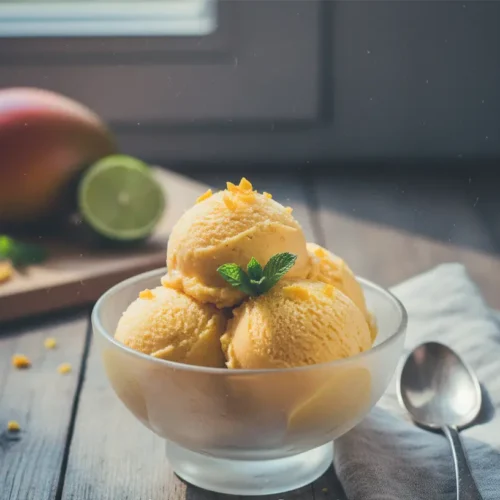 A vibrant yellow 3-ingredient mango sorbet in a bowl.