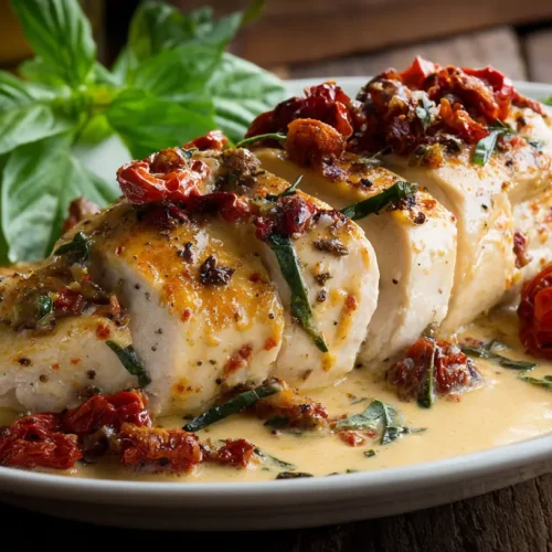 A close-up of Marry Me Chicken in a creamy sauce, garnished with fresh herbs