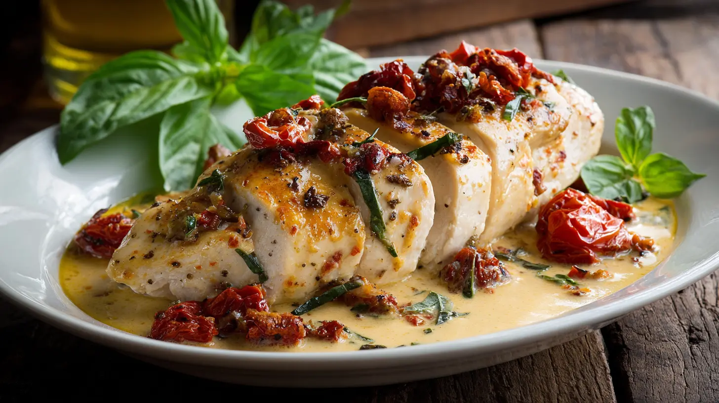 A close-up of Marry Me Chicken in a creamy sauce, garnished with fresh herbs