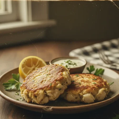A serving of Maryland style crab cakes, perfectly golden brown and flaky.