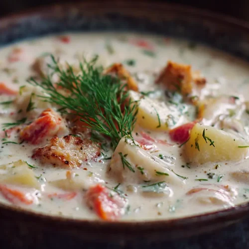 A steaming bowl of New England clam chowder, rich and creamy