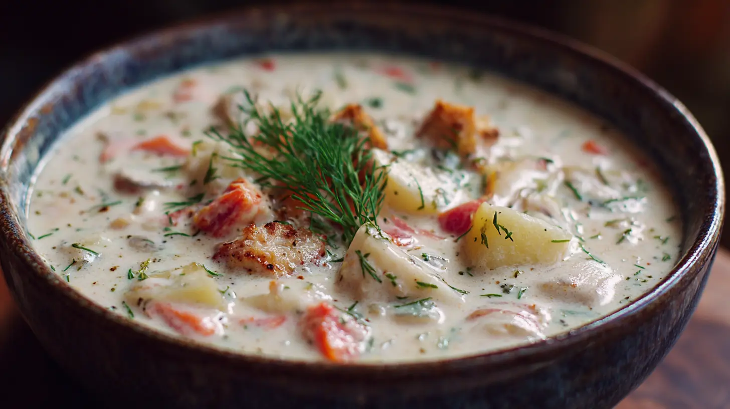A steaming bowl of New England clam chowder, rich and creamy