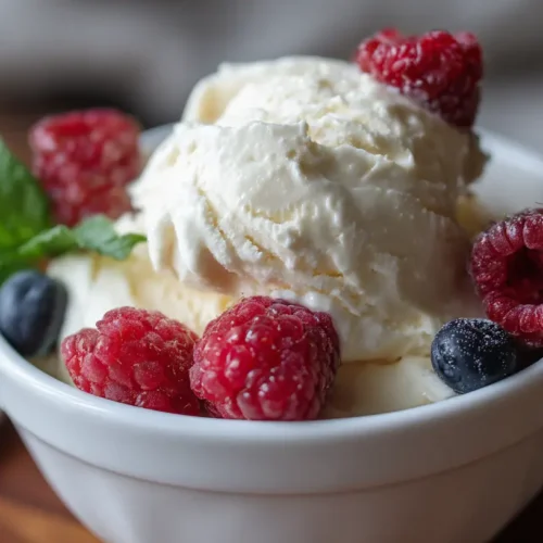 A creamy churn-free ice cream in a bowl with toppings