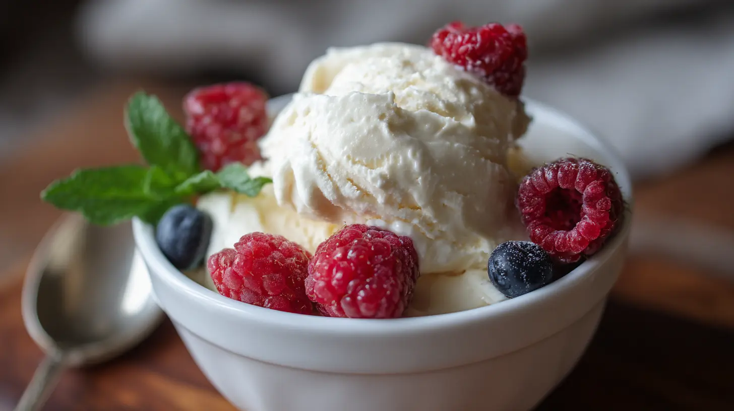A creamy churn-free ice cream in a bowl with toppings