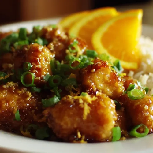 A plate of Panda Express style orange chicken with a glossy sauce