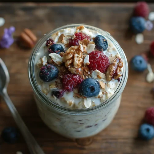 A bowl of wholesome overnight oats, ready to eat.
