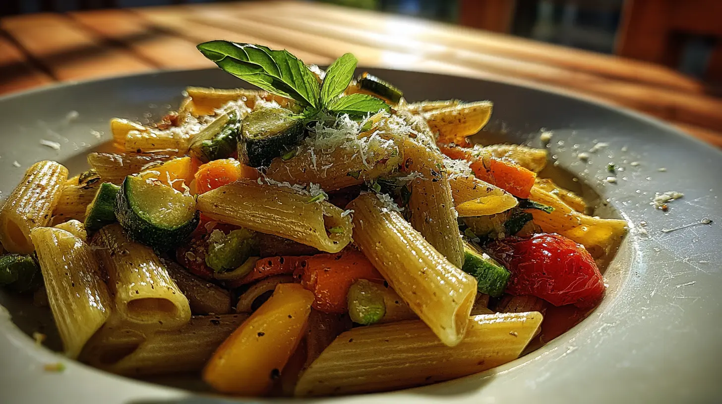 Pasta primavera cooking process in a skillet